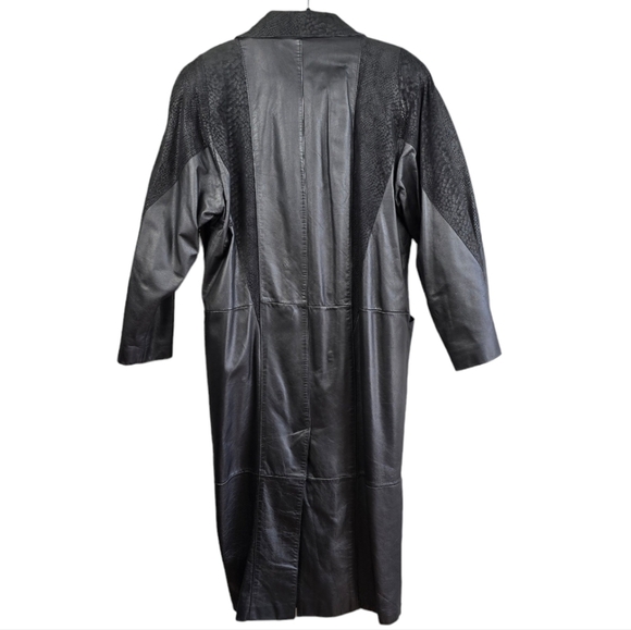 Vintage 80s Pelle Long Leather Jacker Trench Coat Duster Patterned Black Women M - Picture 7 of 13